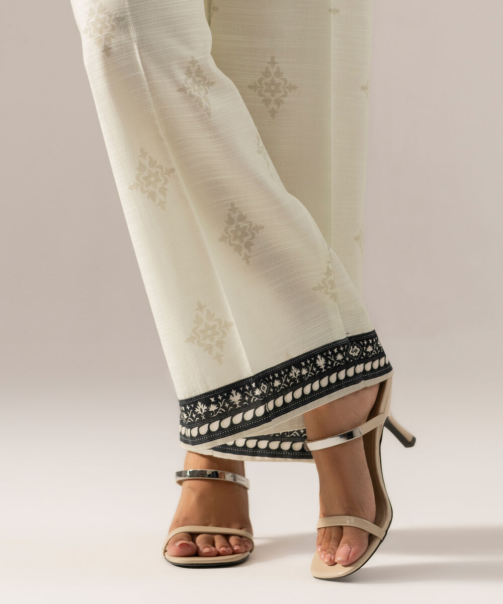 Women's RTW Printed White Khaddar Flared Pants