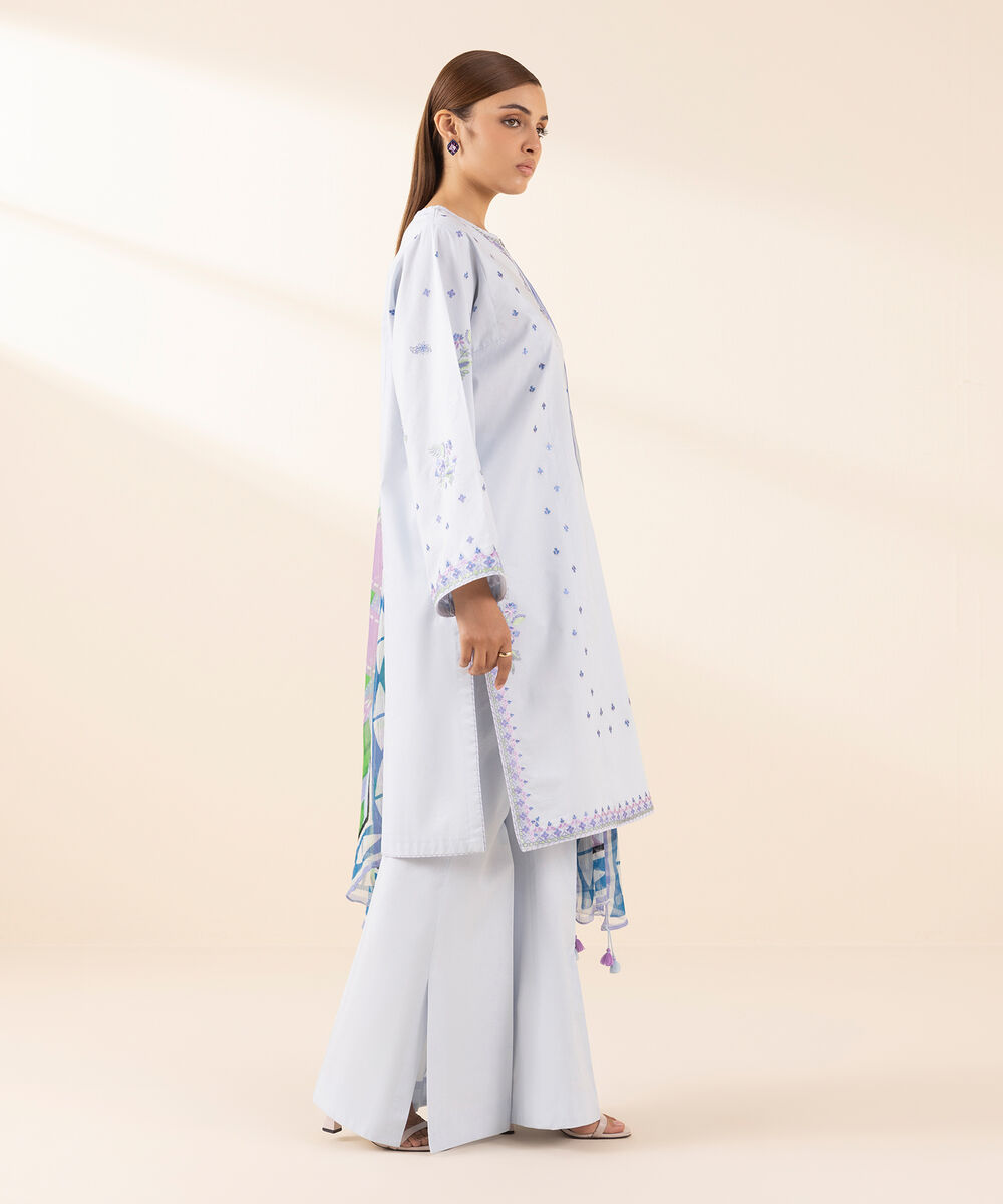 Women's Unstitched Lawn Embroidered Blue 3 Piece Suit