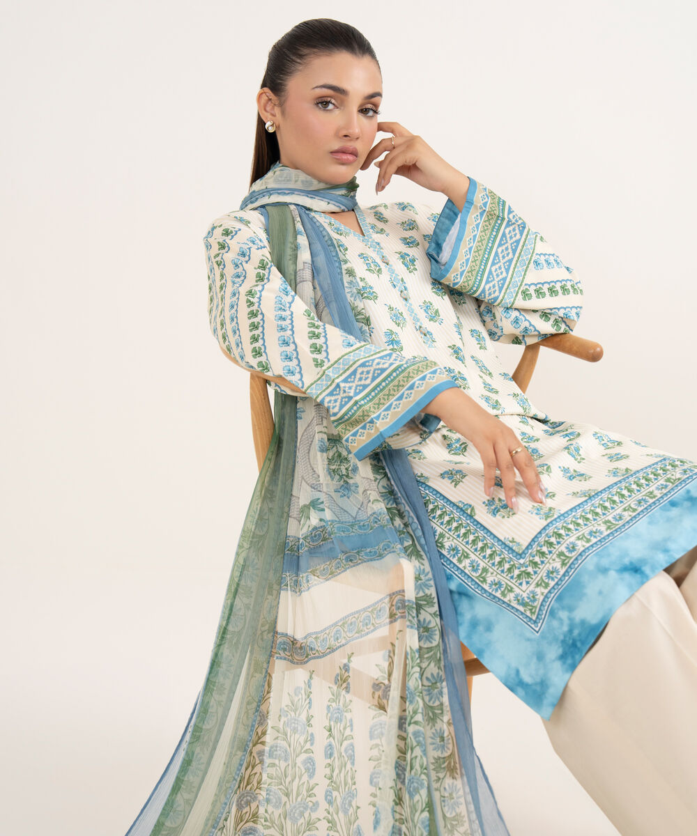 Women's Unstitched Cotton Printed Multi Three Piece Suit