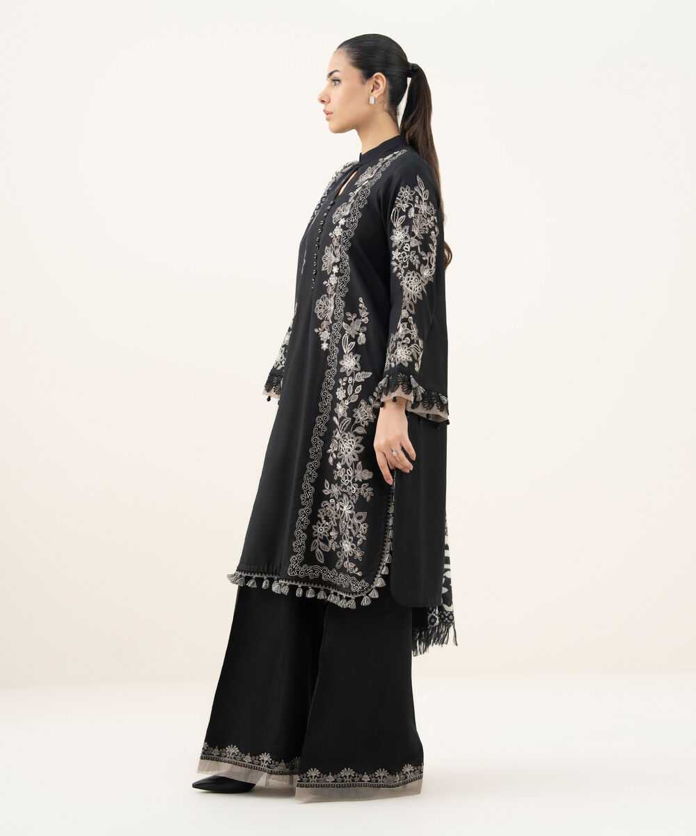 Women's Unstitched Embroidered Fine Cotton Satin Black 3 Piece Suit