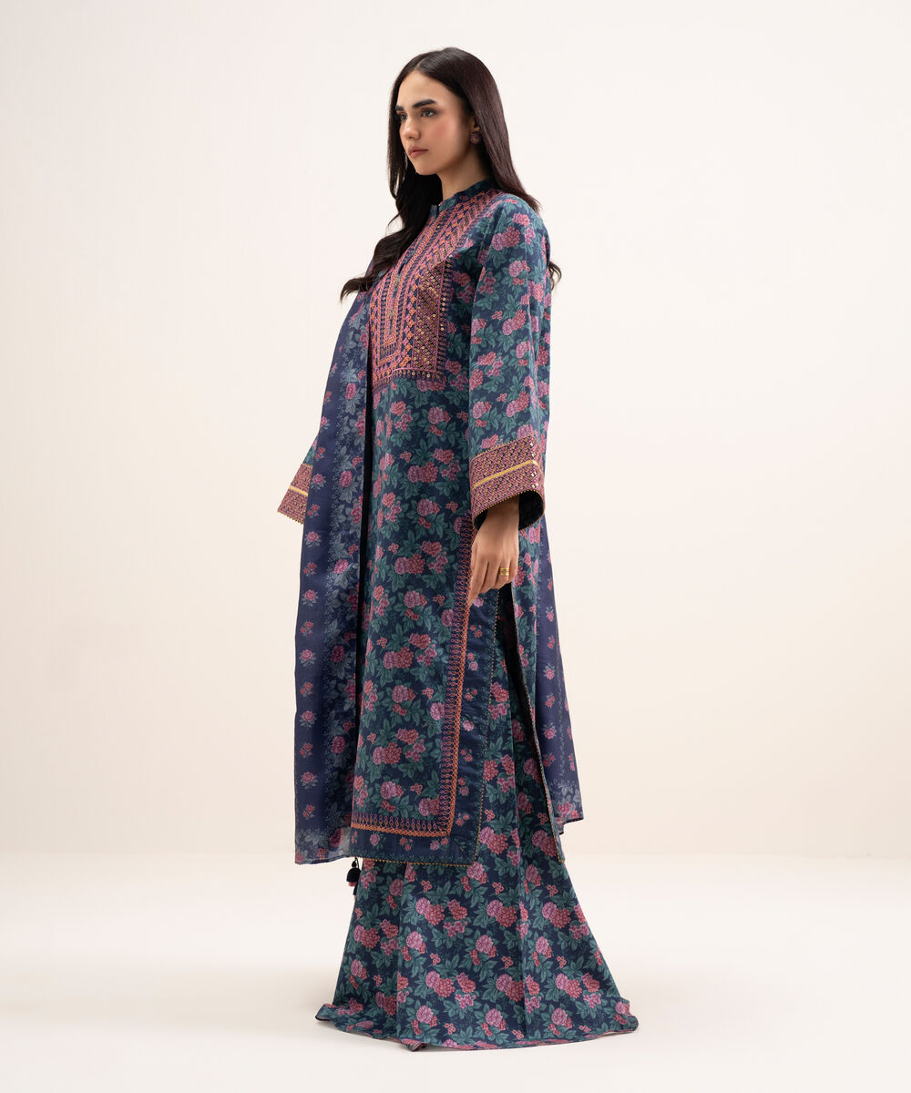 Women's Unstitched Lawn Embroidered Blue 3 Piece Suit