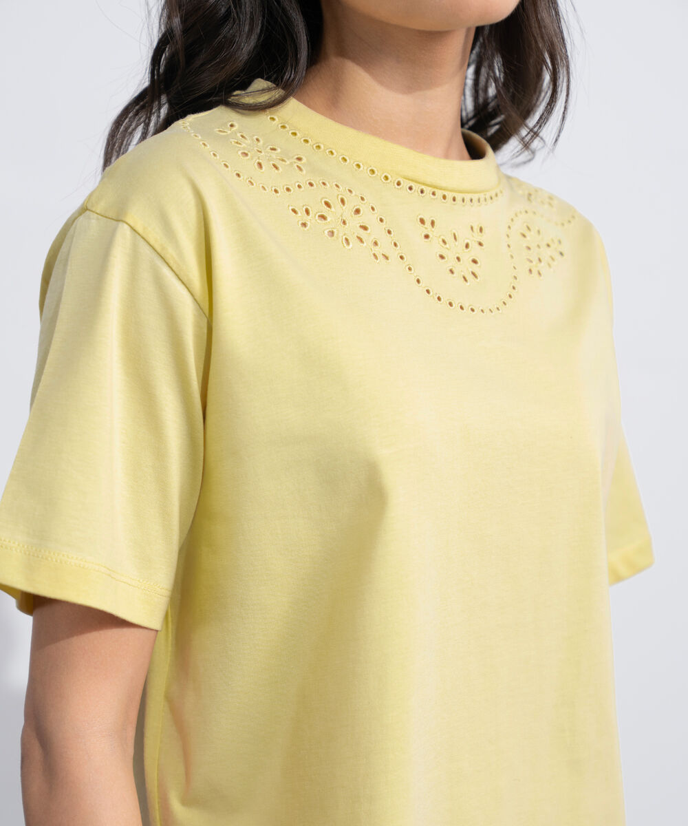 Women's Western Butter yellow Broiderie Anglaise T-Shirt