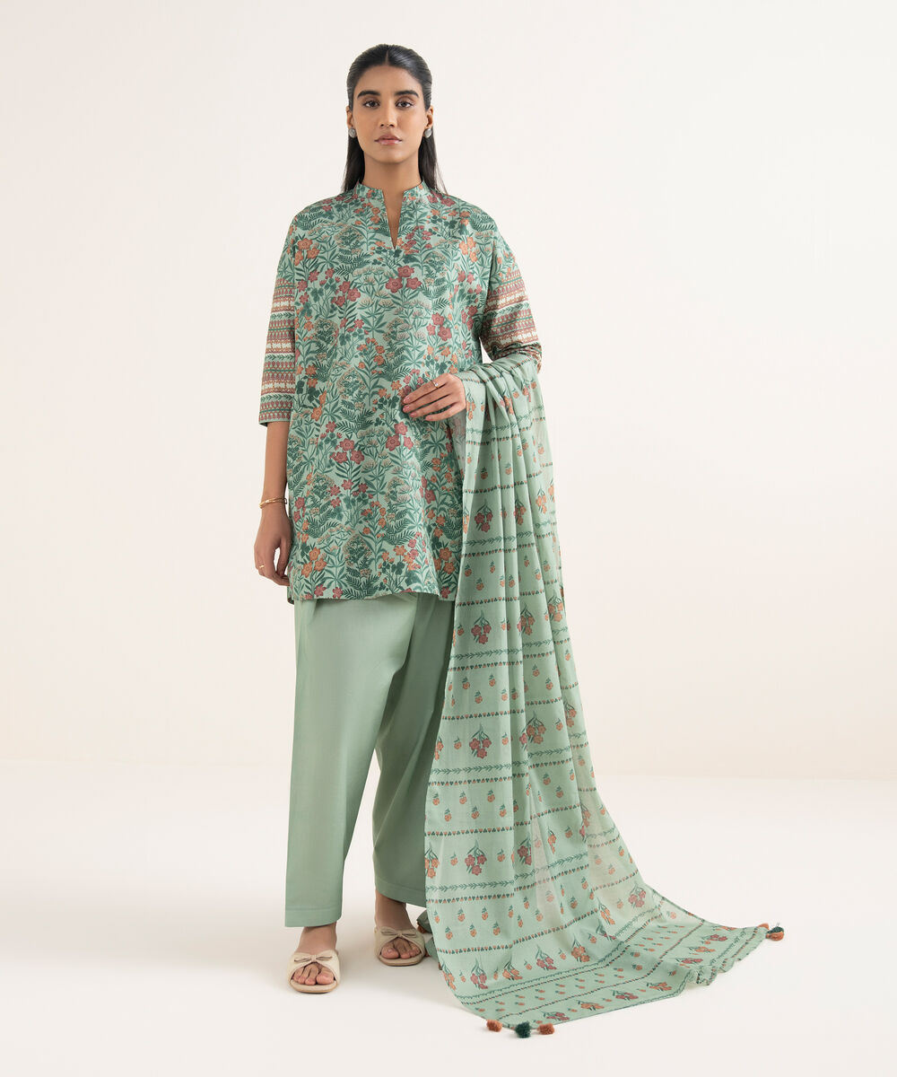 Women's Unstitched Cotton Printed Green 3 Piece Suit