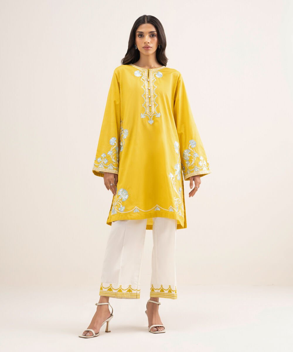 Women's RTW Self Jacquard Embroidered Yellow Straight Shirt