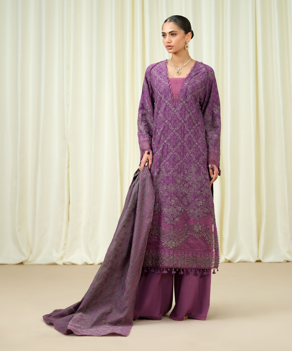 Women's Unstitched Linen Jacquard Embroidered Purple 3 Piece Suit