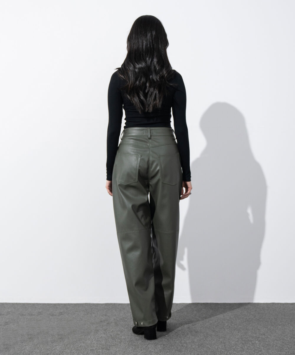 Women's Western Wear Olive Green Faux Leather Barrel-Fit Trousers