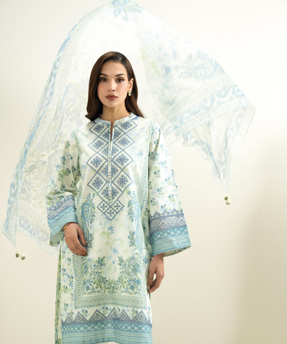 Women's Unstitched Lawn Embroidered Blue 3 Piece Suit