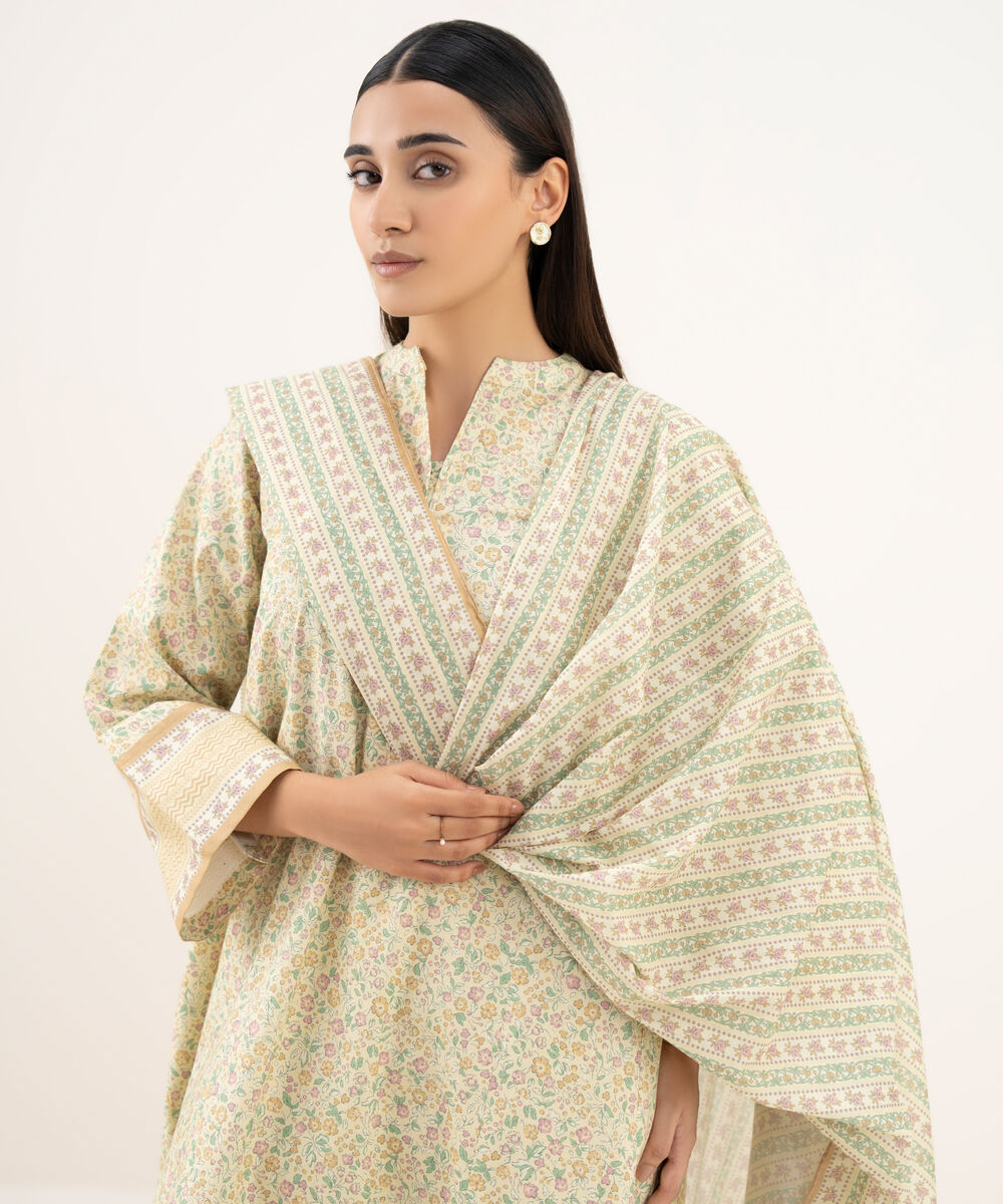 Women's Unstitched Cotton Printed Yellow 3 Piece Suit