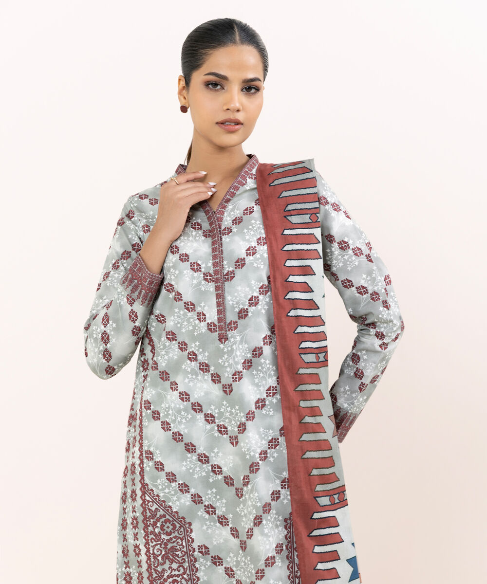Women's Unstitched Cotton Printed Multi Three Piece Suit
