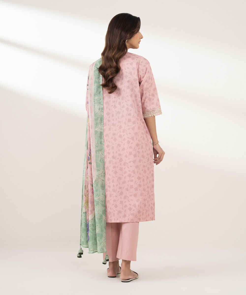 Women's Unstitched Zari Lawn Embroidered Pink 3 Piece Suit