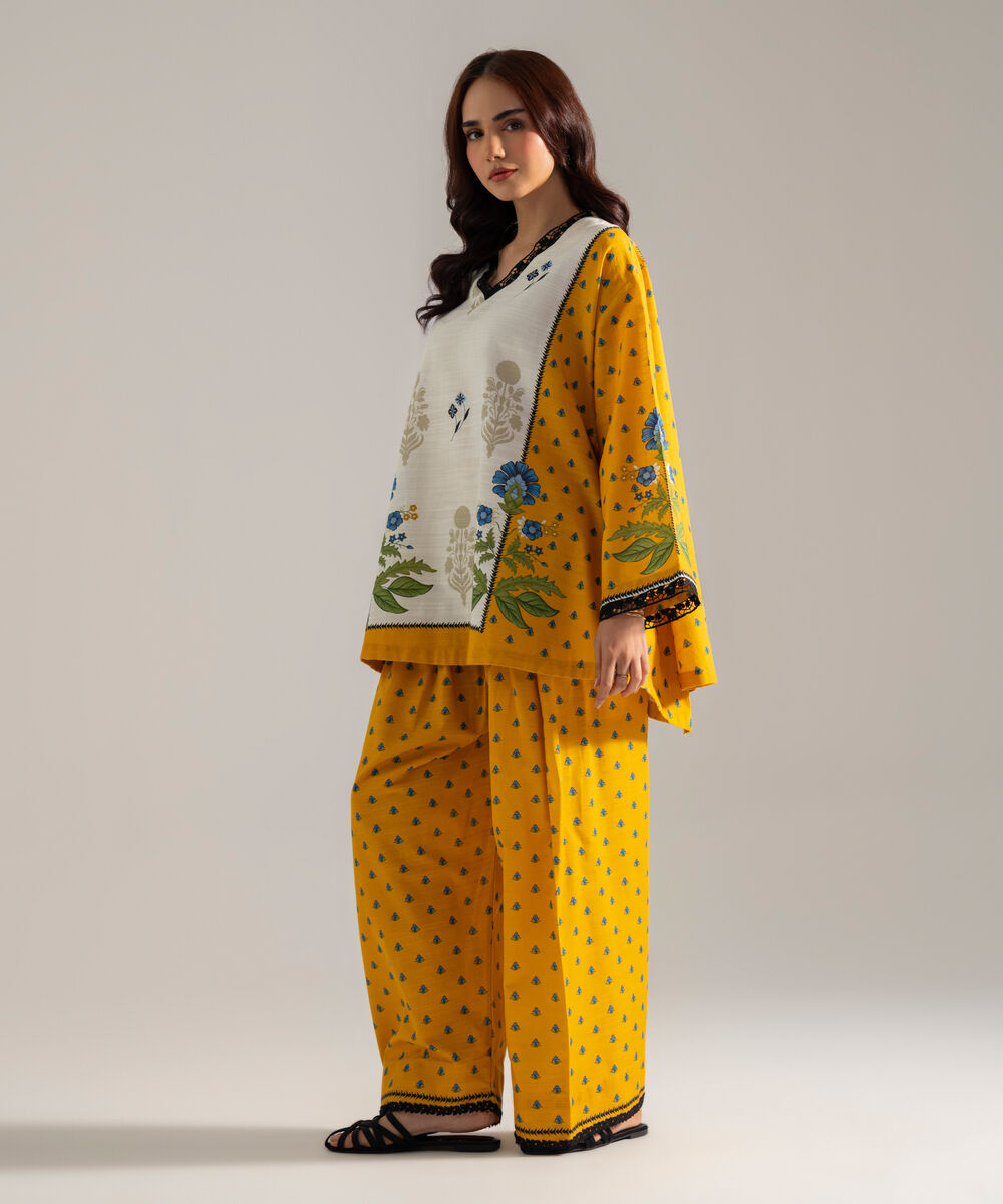 Women's RTW Printed Yellow Khaddar Flared A-Line Shirt