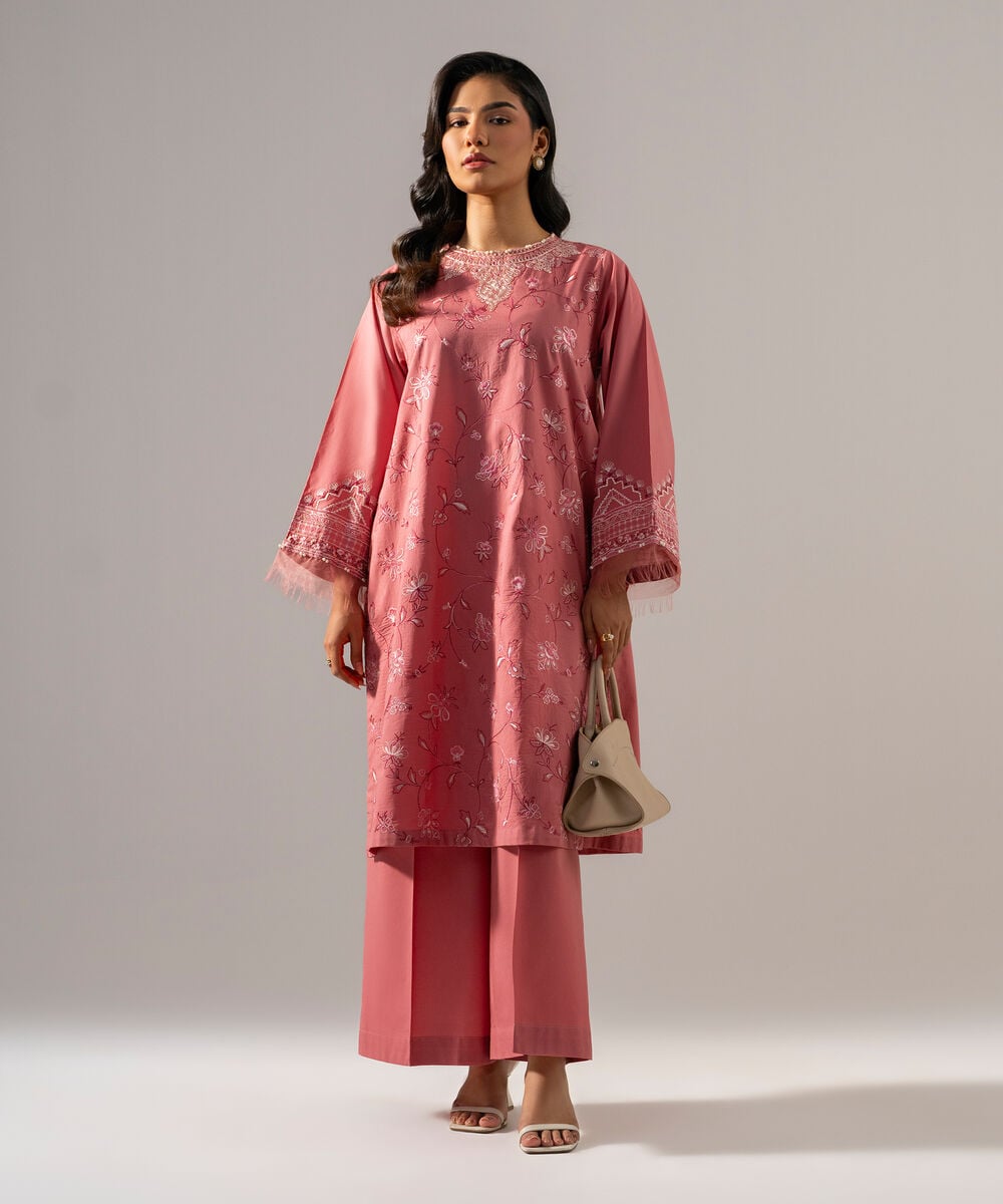 Women's RTW Solid Embroidered Cambric Muted Pink A-Line Shirt