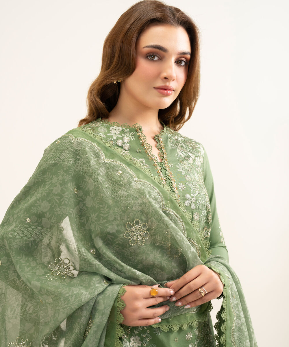 Women's Unstitched Fine Cotton Satin Embroidered Green 3 Piece Suit