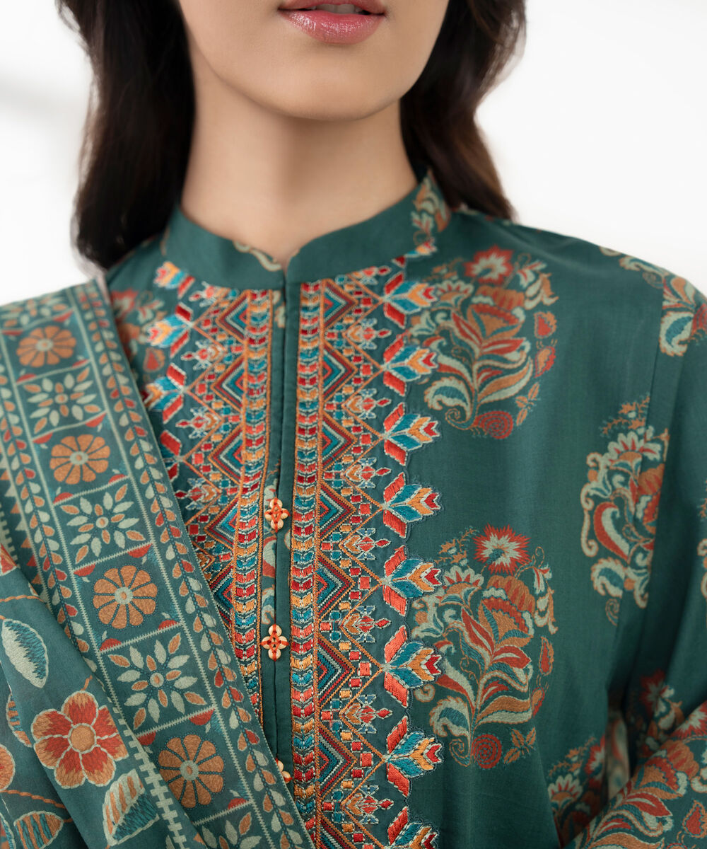 Women's Unstitched Cotton Printed Green 3 Piece Suit