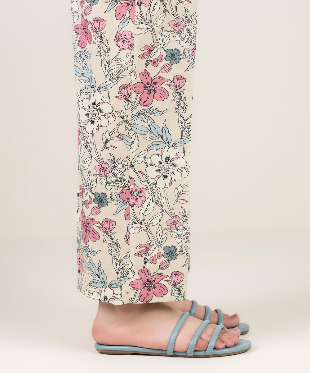 Women's RTW Cambric Printed Off White Straight Pants