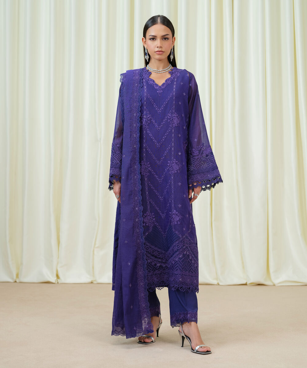 Women's Unstitched Blended Muslin Embroidered Purple 3 Piece Suit