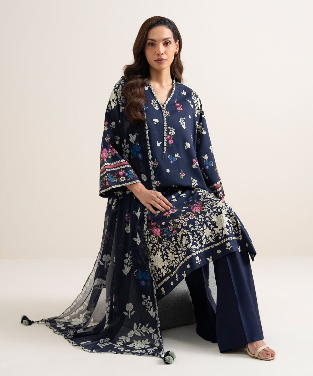 Women's Unstitched Arabic Lawn Printed Blue
