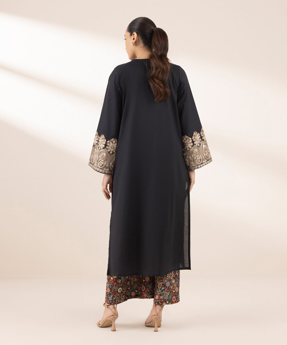 Women's RTW Textured Lawn Black Embroidered A-Line Shirt