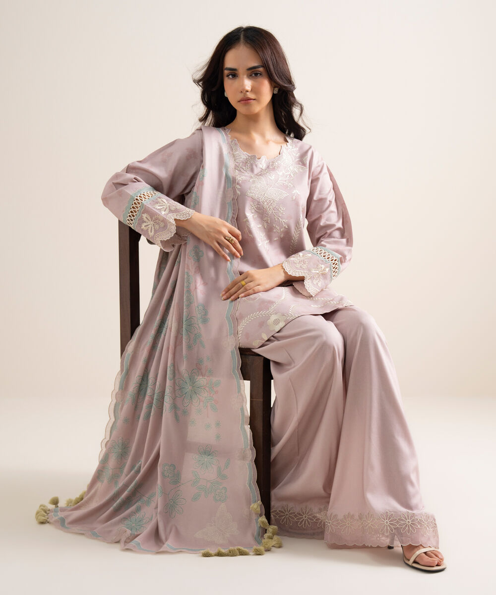 Women's Unstitched Embroidered Linen Light Lilac 3 Piece Suit