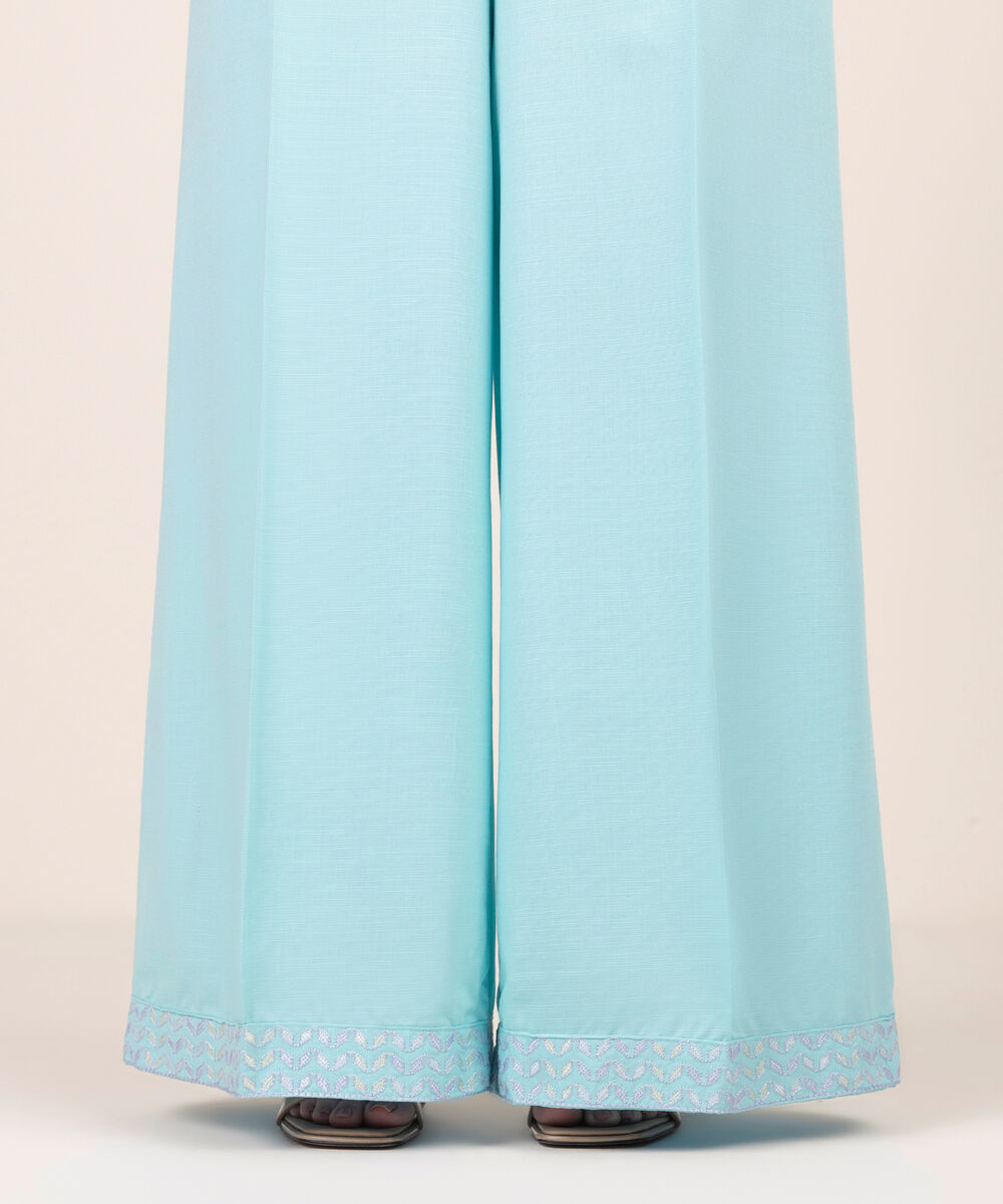 Women's RTW Cotton Viscose Embroidered Blue Flared Pants