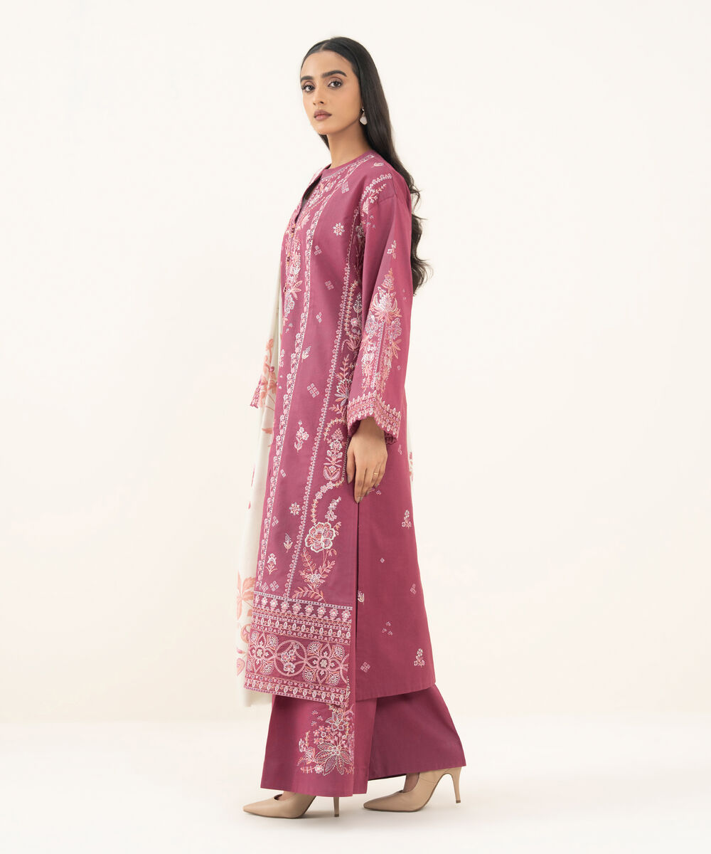 Women's Unstitched Embroidered Zari Khaddar Dark Tea Pink 3 Piece Suit