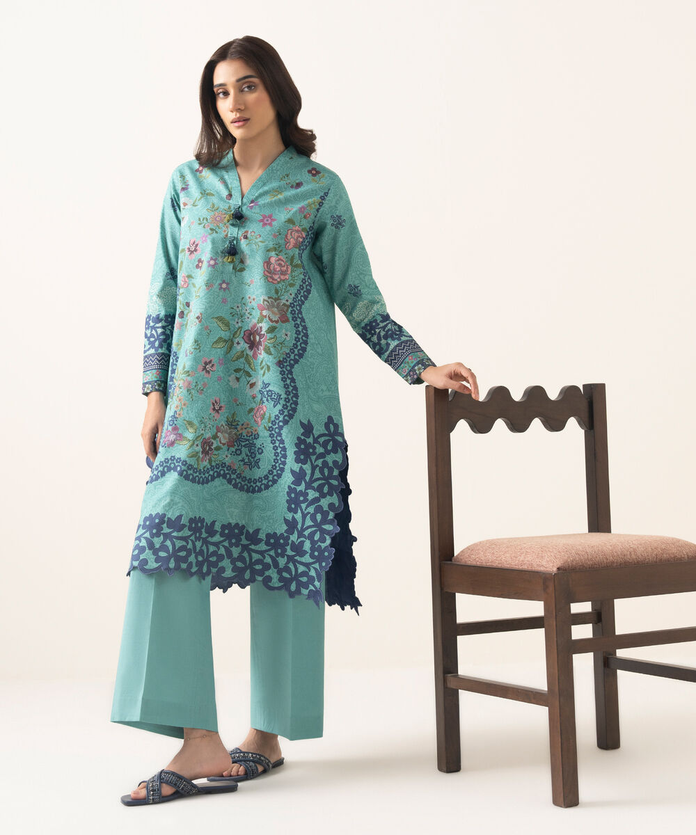 Women's Unstitched Lawn Printed Aqua 2 Piece Suit