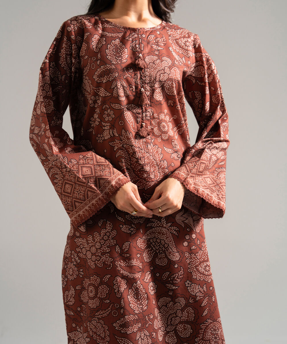 Women's RTW Slub Lawn Printed Brown 3 Piece Suit