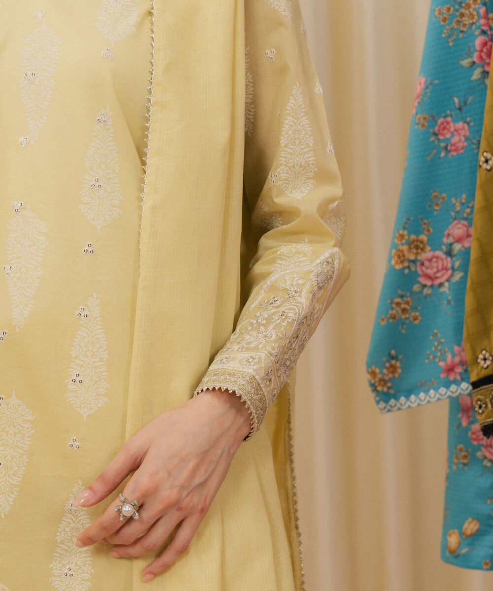 Women's RTW Lawn Embroidered Pale Yellow 3 Piece Suit