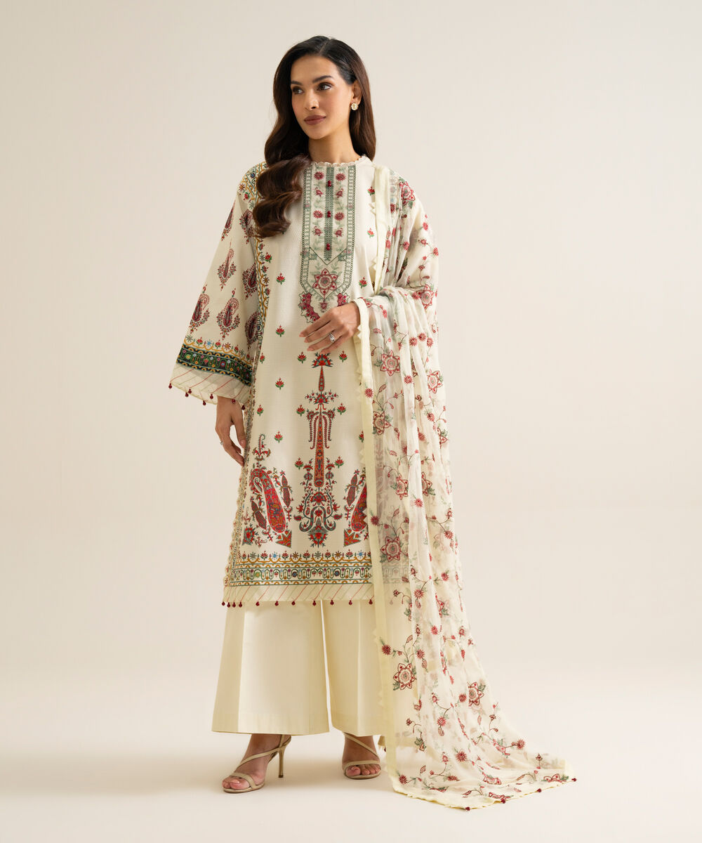 Women's Unstitched Blended Chiffon Printed Ivory 3 Piece Suit