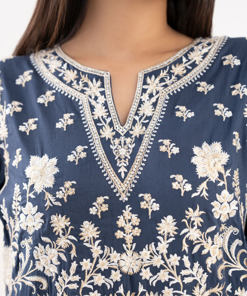 Women's RTW Lawn Viscose Blue Embroidered Pishwas