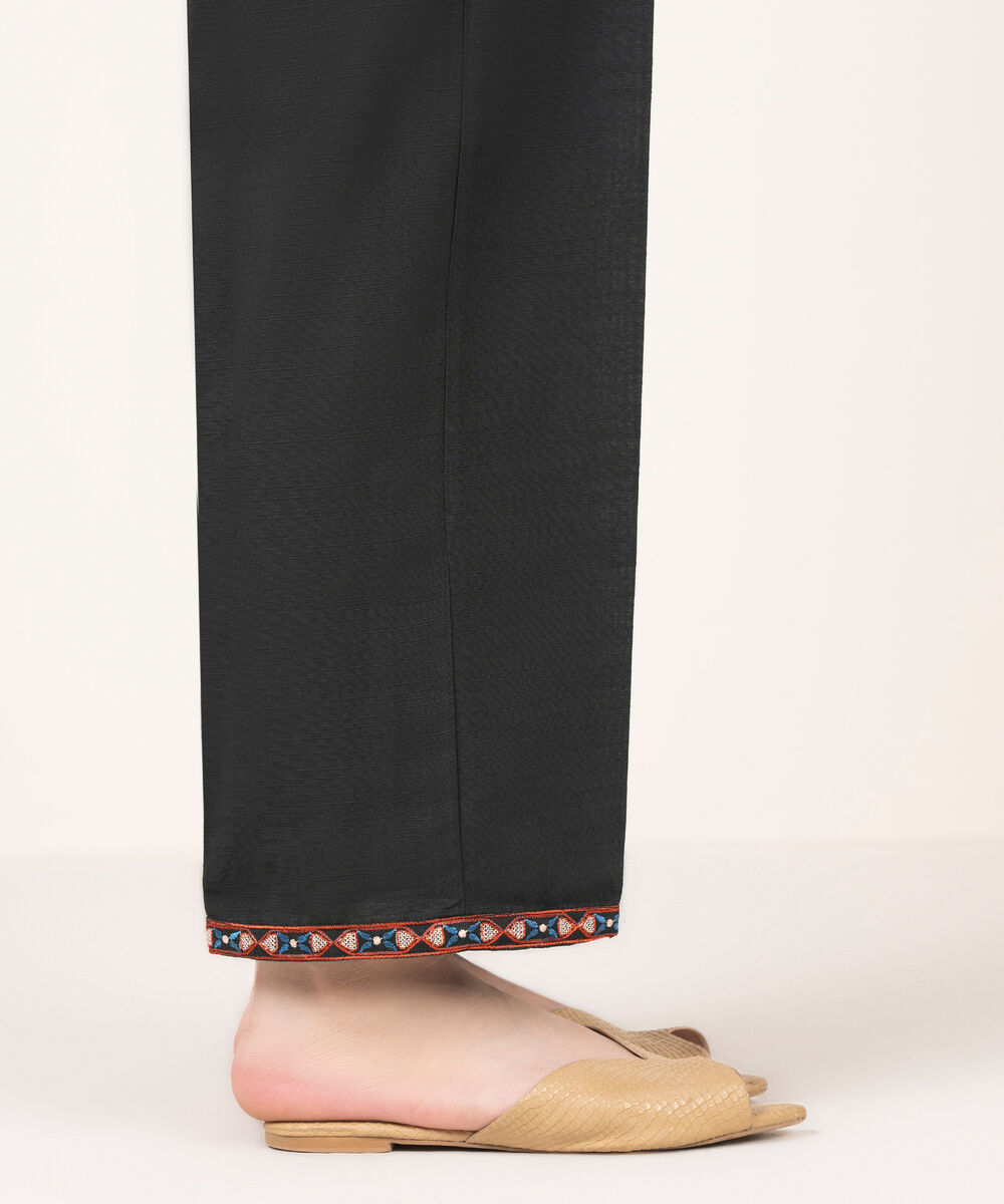 Women's RTW Khaddar Embroidered Black Straight Pants