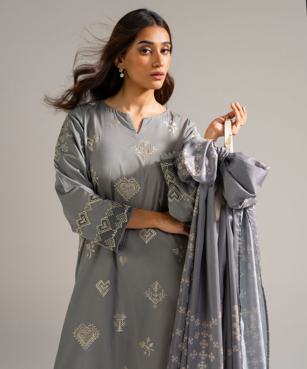 Women's RTW Lawn Embroidered Grey 2 Piece Suit