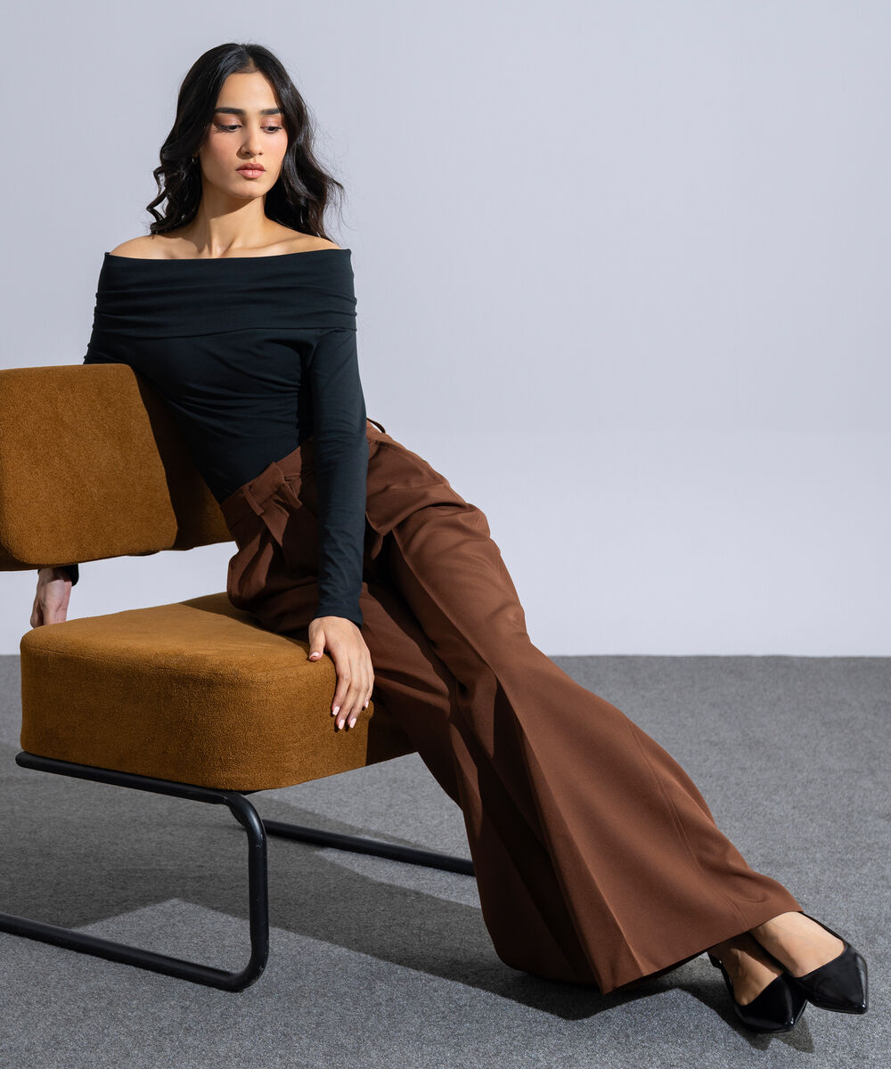Women's Western Wear Brown Polyester Pleated Wide Leg Trousers