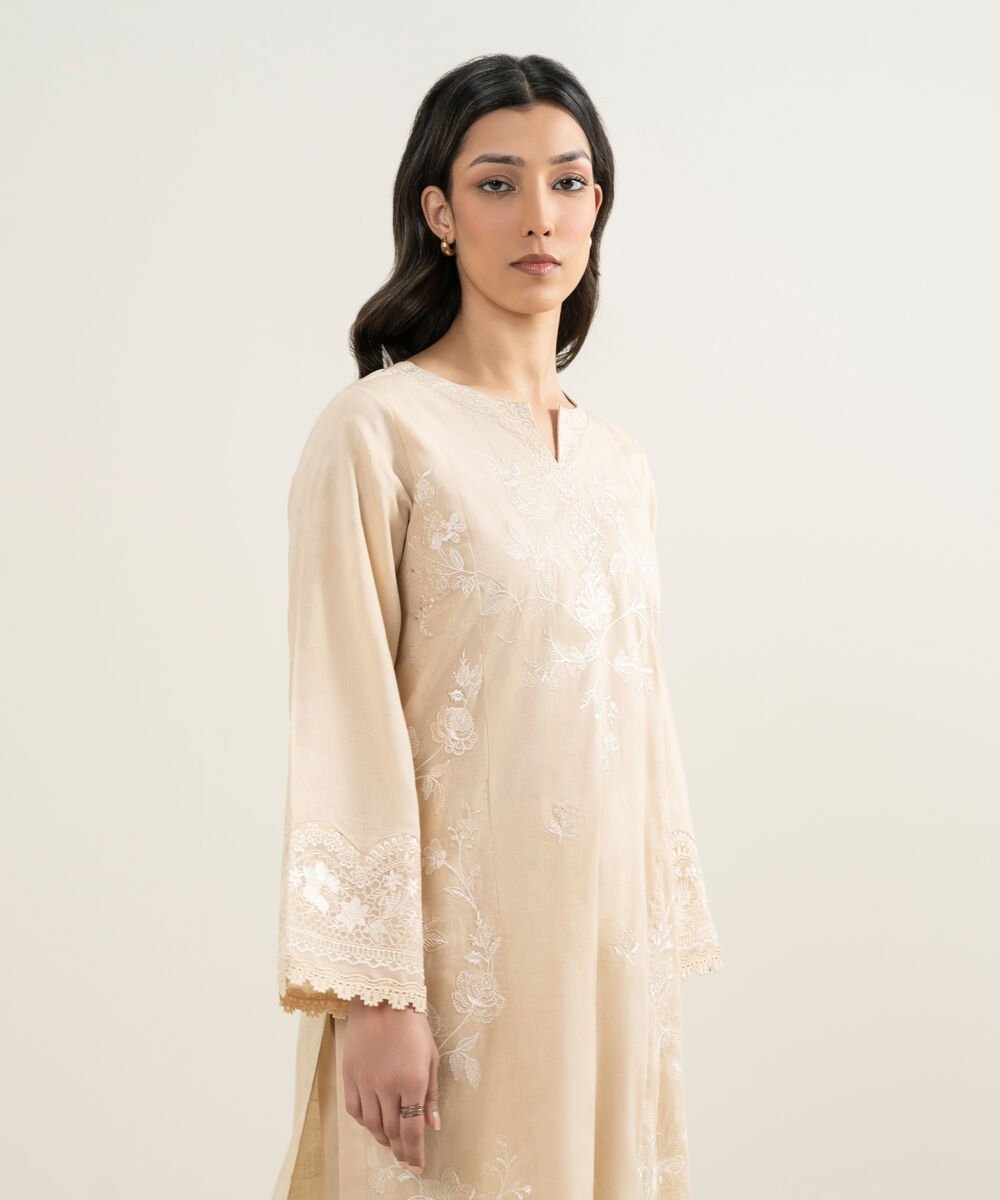 Women's RTW Self Jacquard Embroidered Beige Straight Shirt