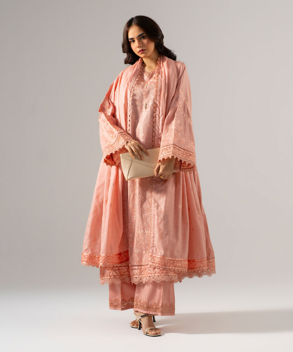 Women's RTW Cotton Satin Solid Embroidered Pink 3 Piece Suit