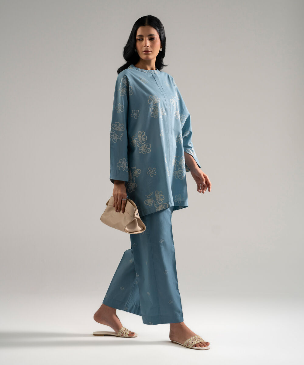 Women's RTW Slub Lawn Printed Blue 2 Piece Suit