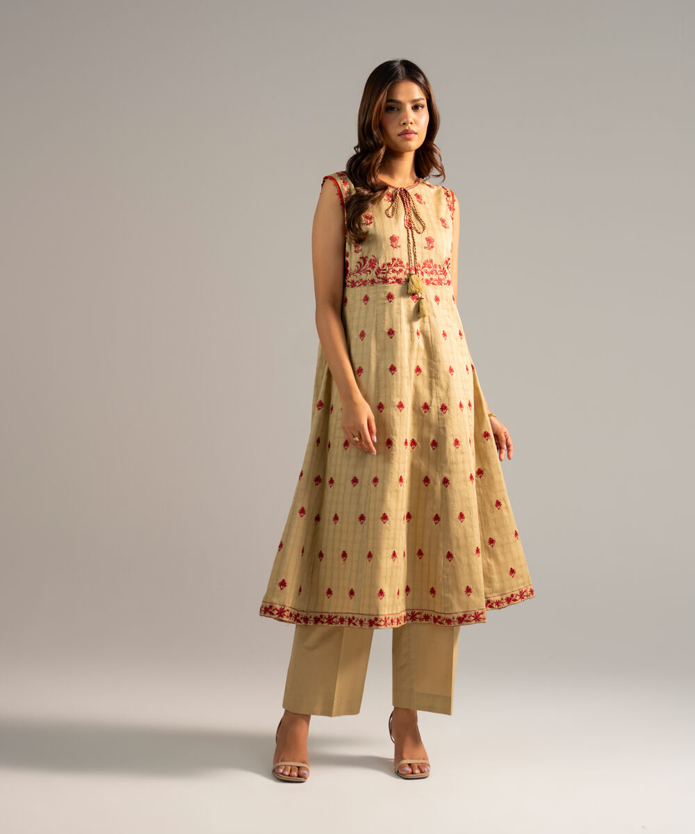 Women's RTW Dobby Embroidered Dark Beige 2 Piece Suit