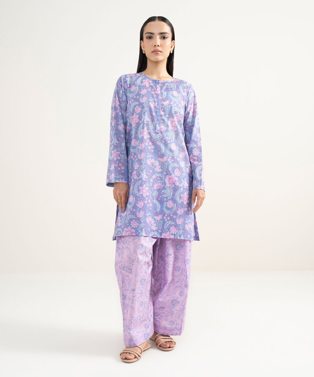 Women's RTW Lawn Printed Purple Straight Shirt