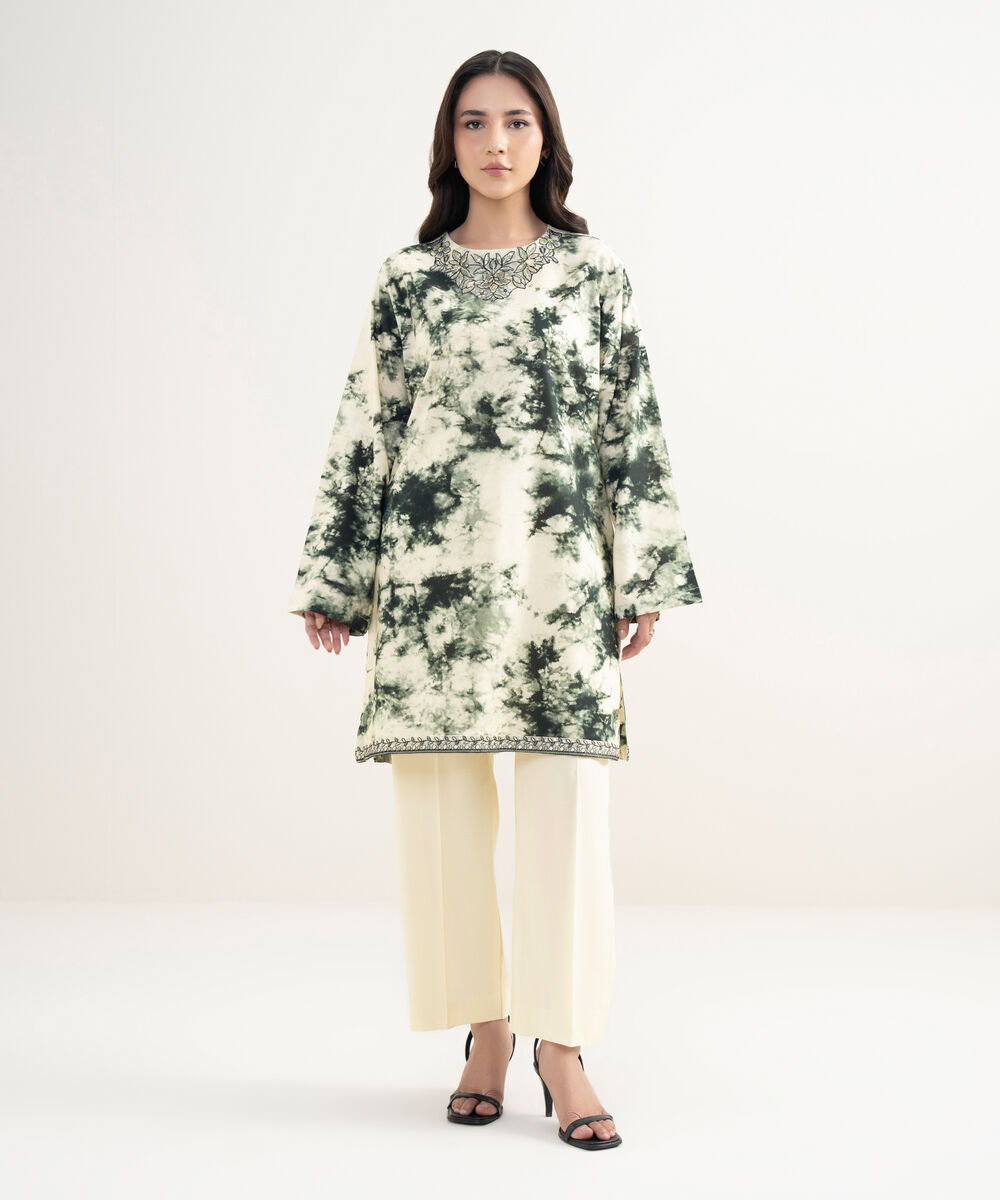 Women's RTW Cotton Viscose Embroidered Off White Straight Shirt