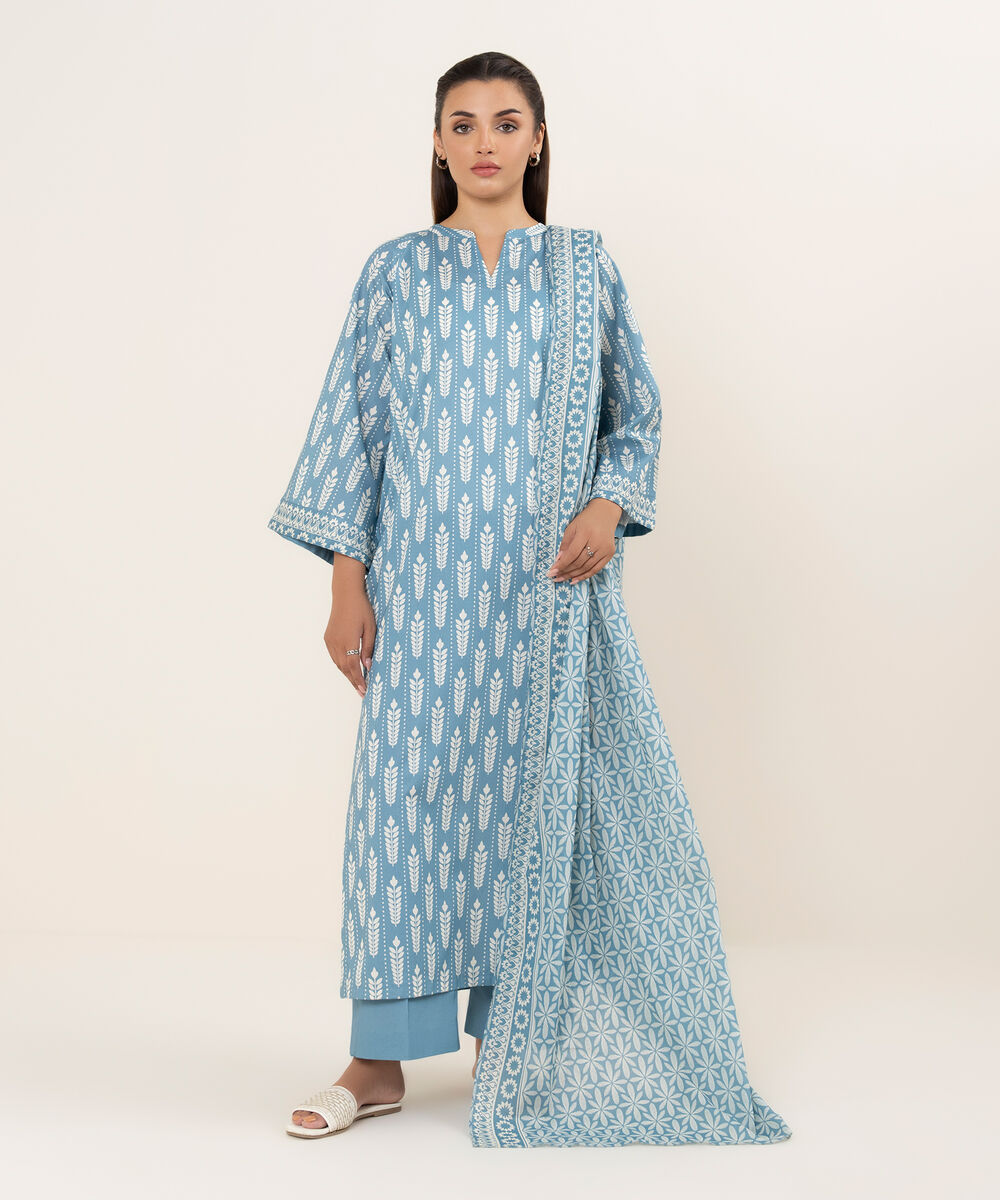 Women's Unstitched Lawn Printed Blue 3 Piece Suit