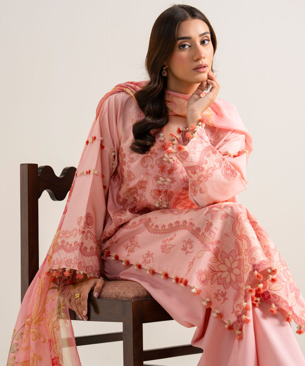 Women's Unstitched Embroidered Dobby Pink 3 Piece Suit