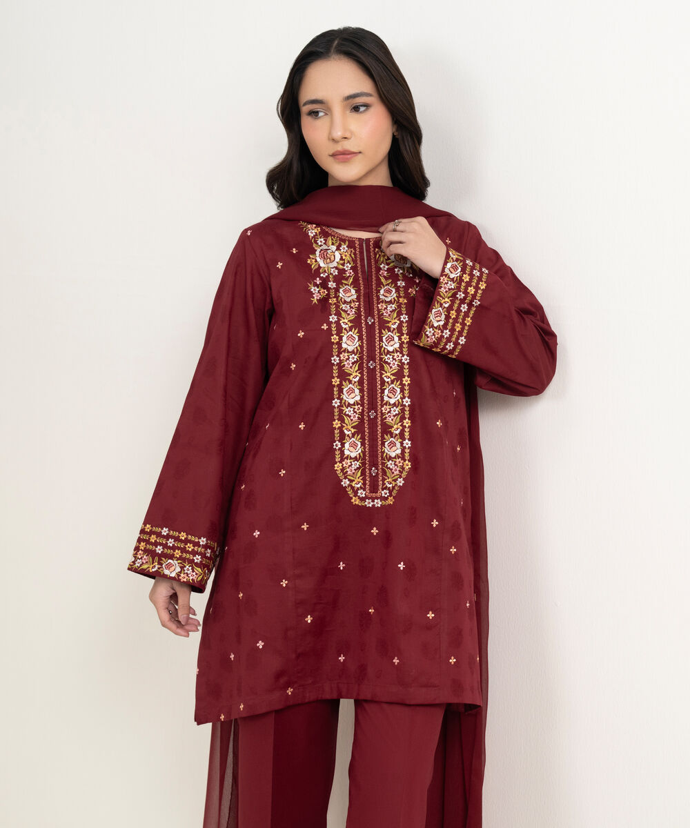 Women's RTW Self Jacquard Embroidered Maroon 3 Piece Suit