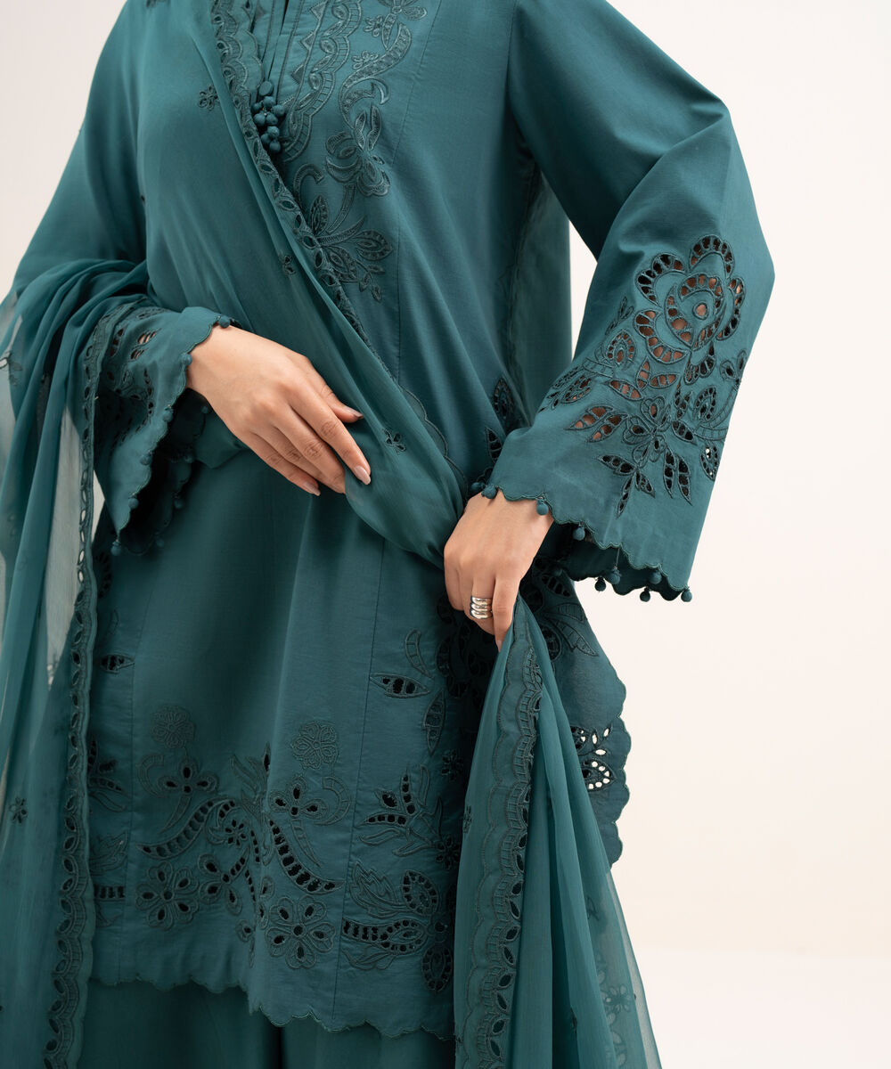 Women's Unstitched Textured Lawn Embroidered Green 3 Piece Suit