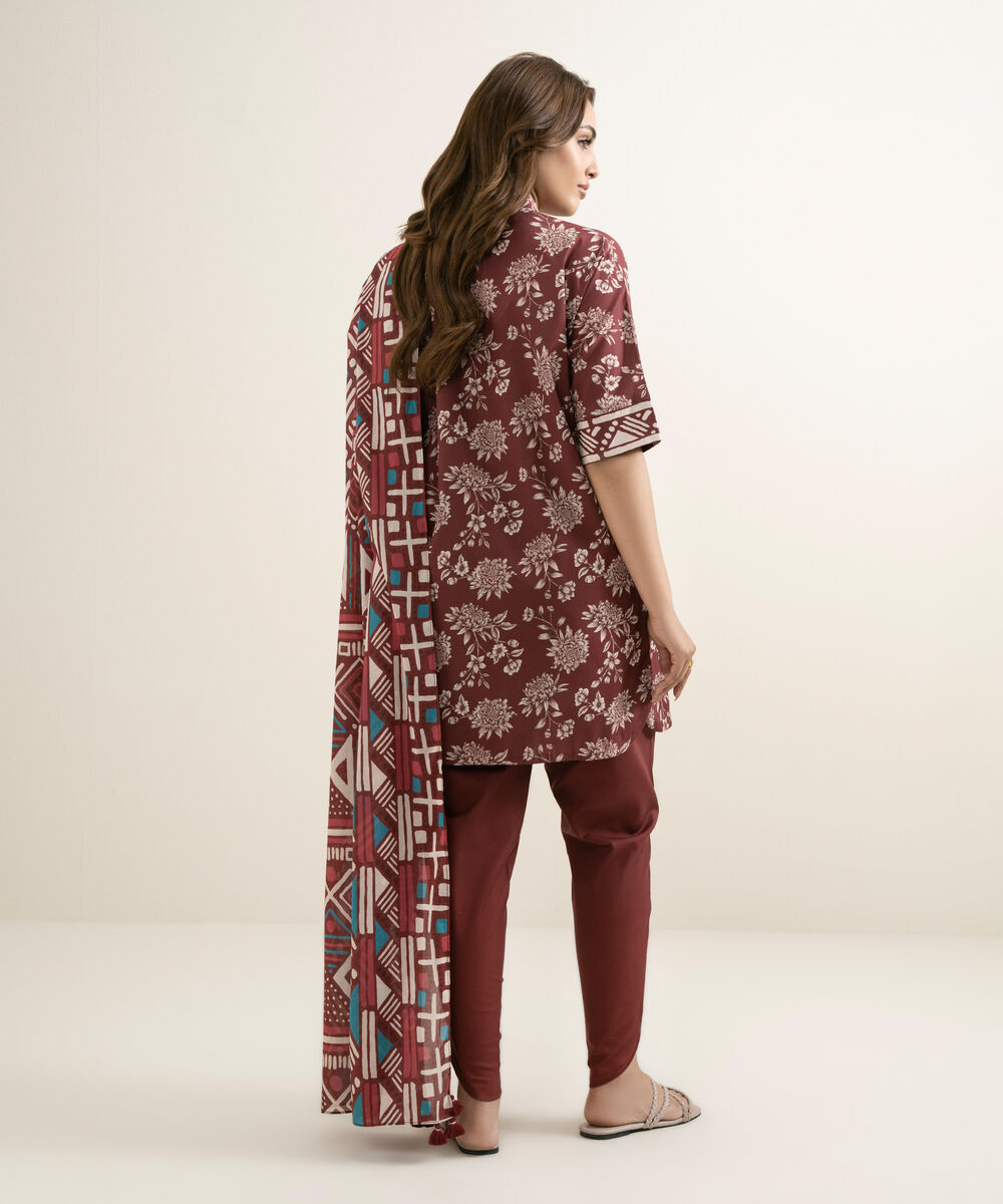 Women's Unstitched Lawn Printed Red 3 Piece Suit