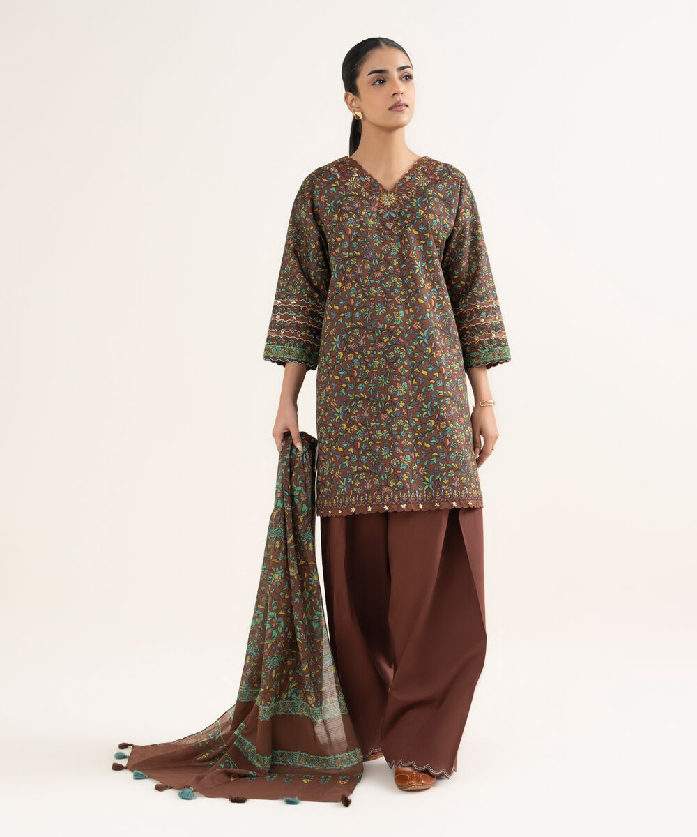 Women's Unstitched Lawn Printed Brown 3 Piece Suit