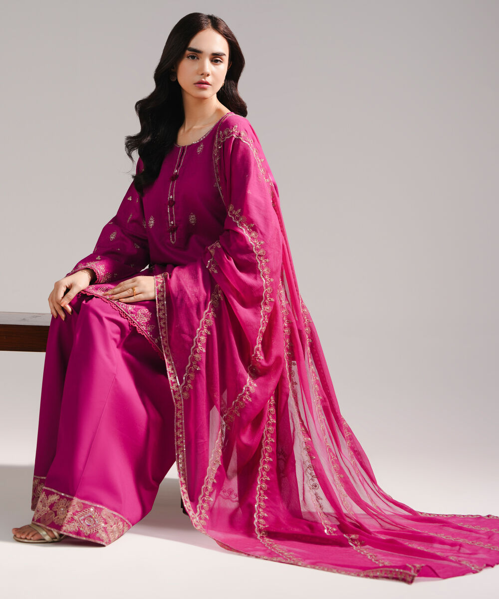Women's RTW Dobby Embroidered Pink 3 Piece Suit