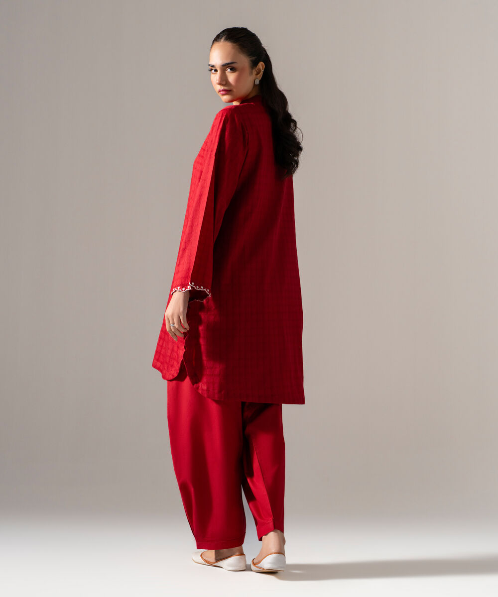 Women's RTW 3D dobby Solid Embroidered Maroon Flared A-Line