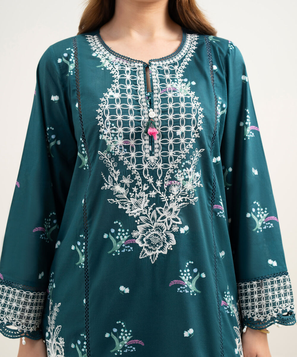 Women's RTW Lawn Embroidered Teal A-Line Shirt