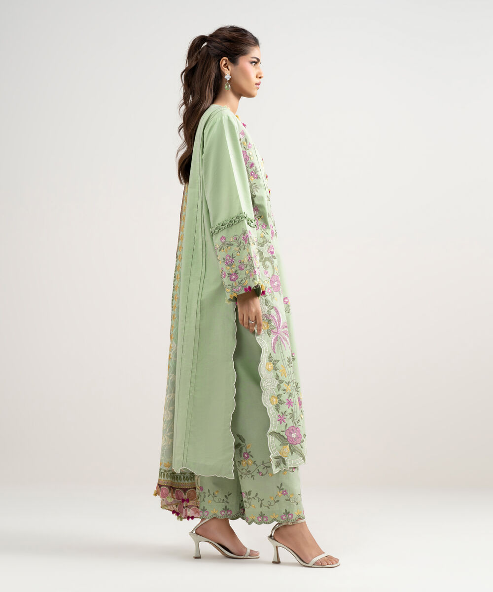 Women's Unstitched Lawn Embroidered Green 3 Piece Suit