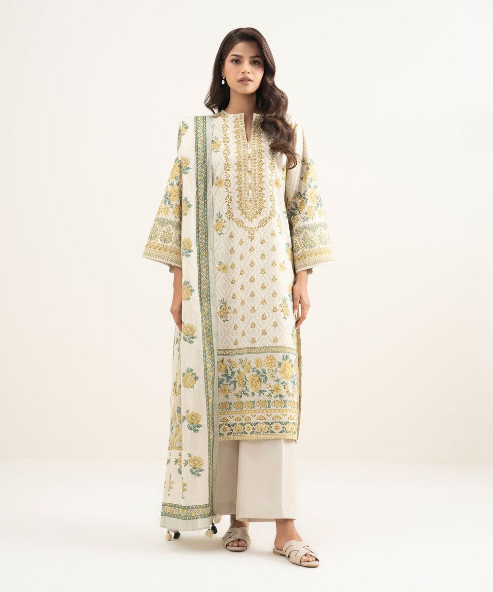 Women's Unstitched Lawn Printed Beige 3 Piece Suit